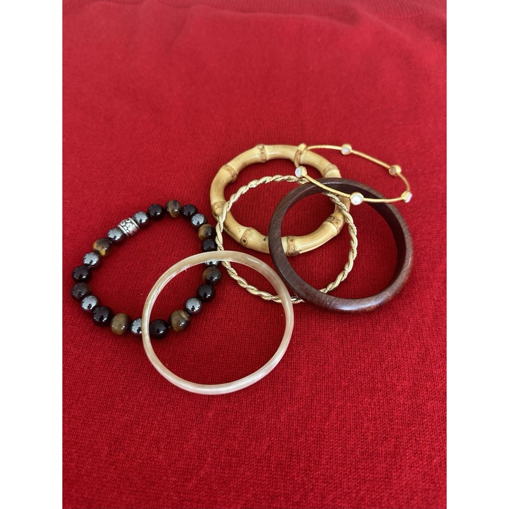 Bangle Bracelet Lot of 6 Chunky Boho Shell Wood Metal Beads